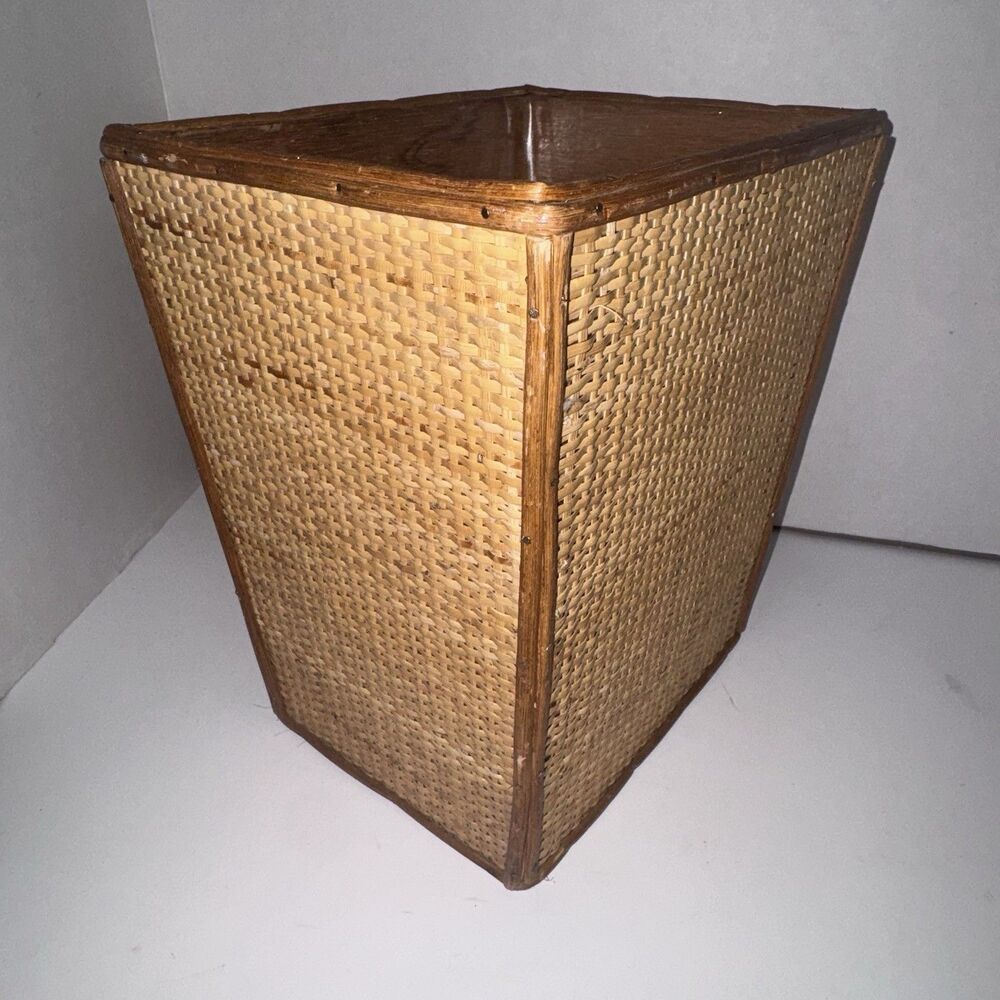 Vintage Woven Rattan Wicker Wastebasket Wood Mid Century Boho Trash Can Hamper